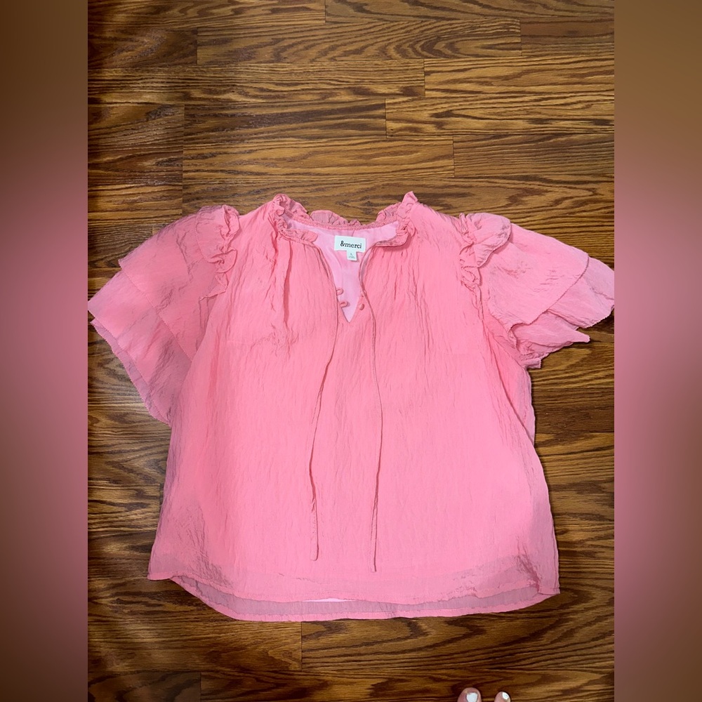 Pink satin ruffle sleeve blouse